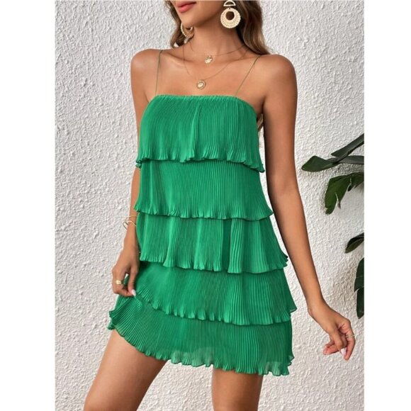 WILA Dresses & Skirts - ruffle tiered spaghetti strap boho mini dress green